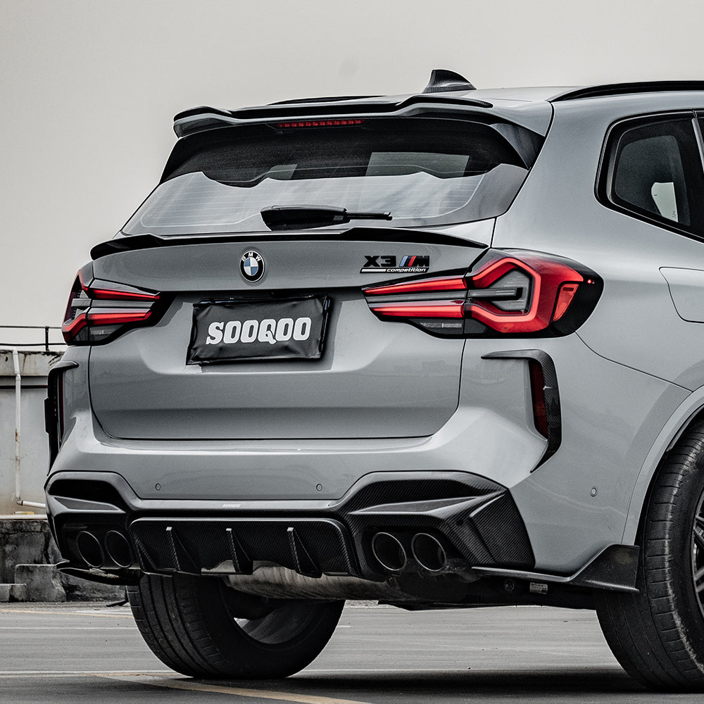 SOOQOO BMW X3M F97 carbon fibre spoiler - rear three-quarter view