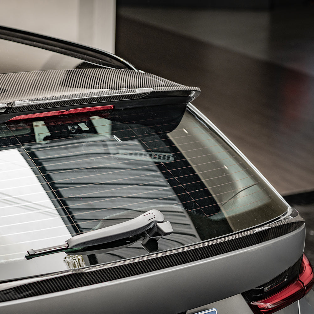SOOQOO BMW M3 G81 carbon fibre spoiler - full vehicle shot with part installed