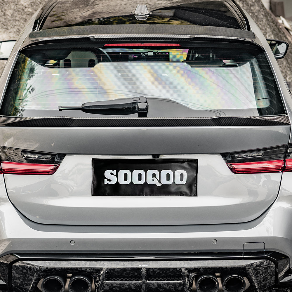 SOOQOO BMW M3 G81 carbon fibre spoiler - rear three-quarter view