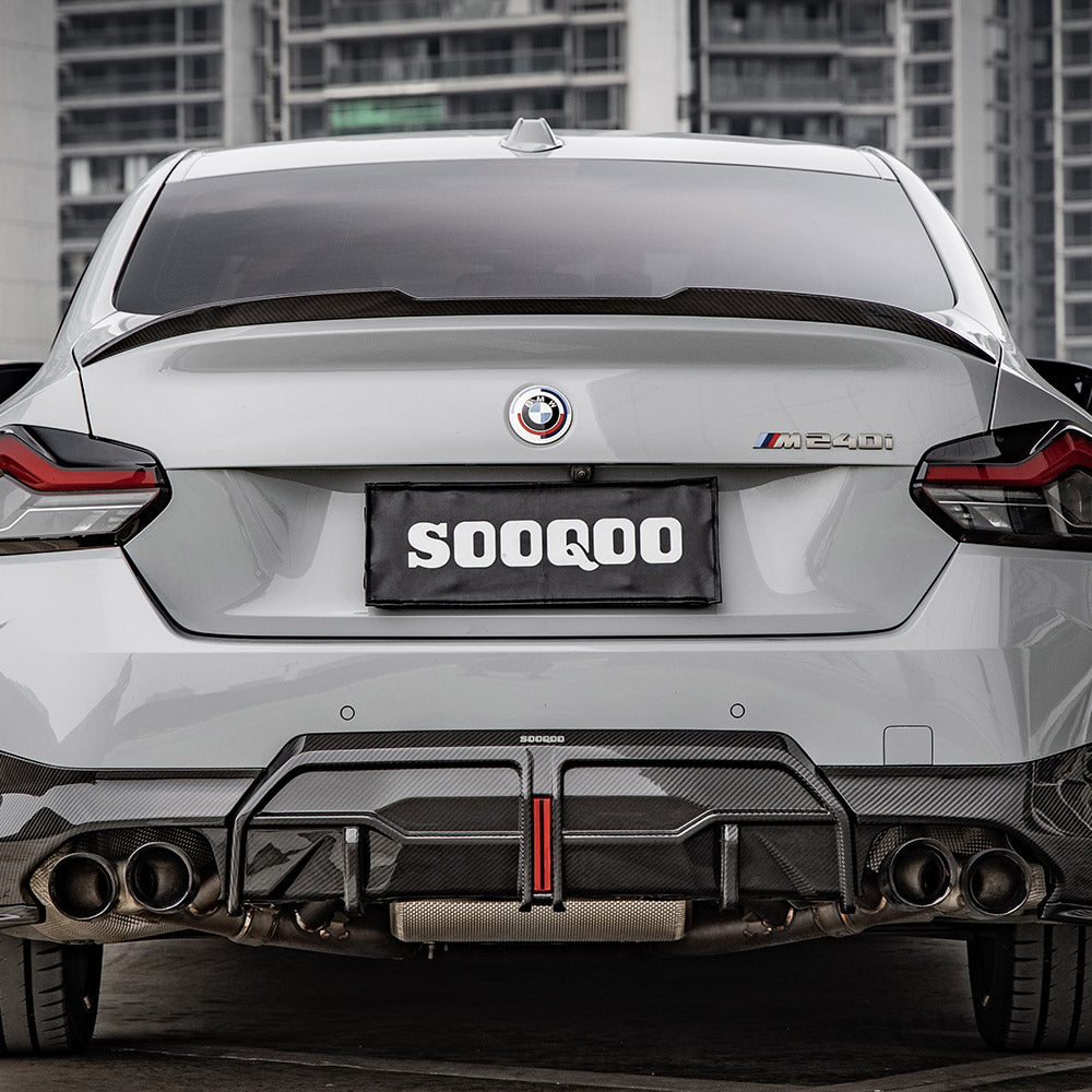 SOOQOO BMW 2 Series G42 carbon fibre spoiler - rear three-quarter view