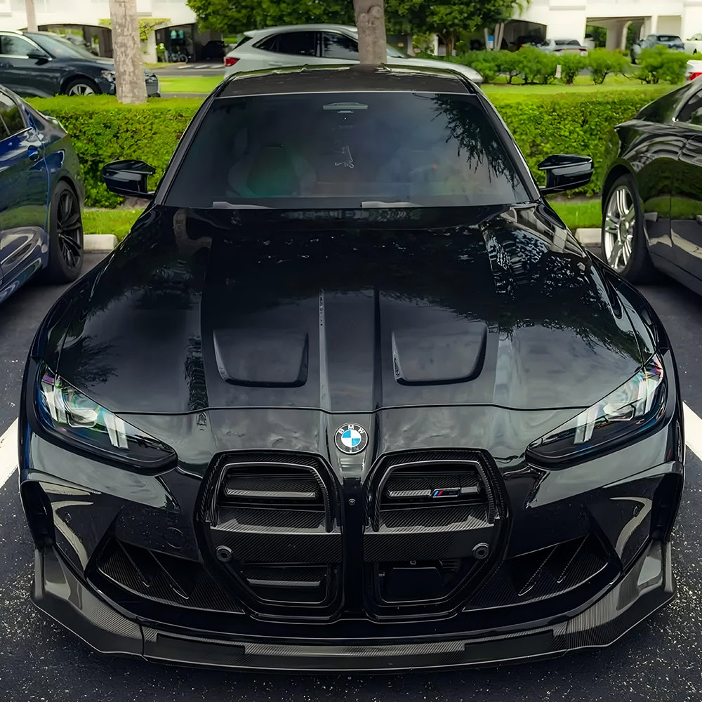 SOOQOO BMW M3 G80 carbon fibre grille - top-down view showing panel alignment
