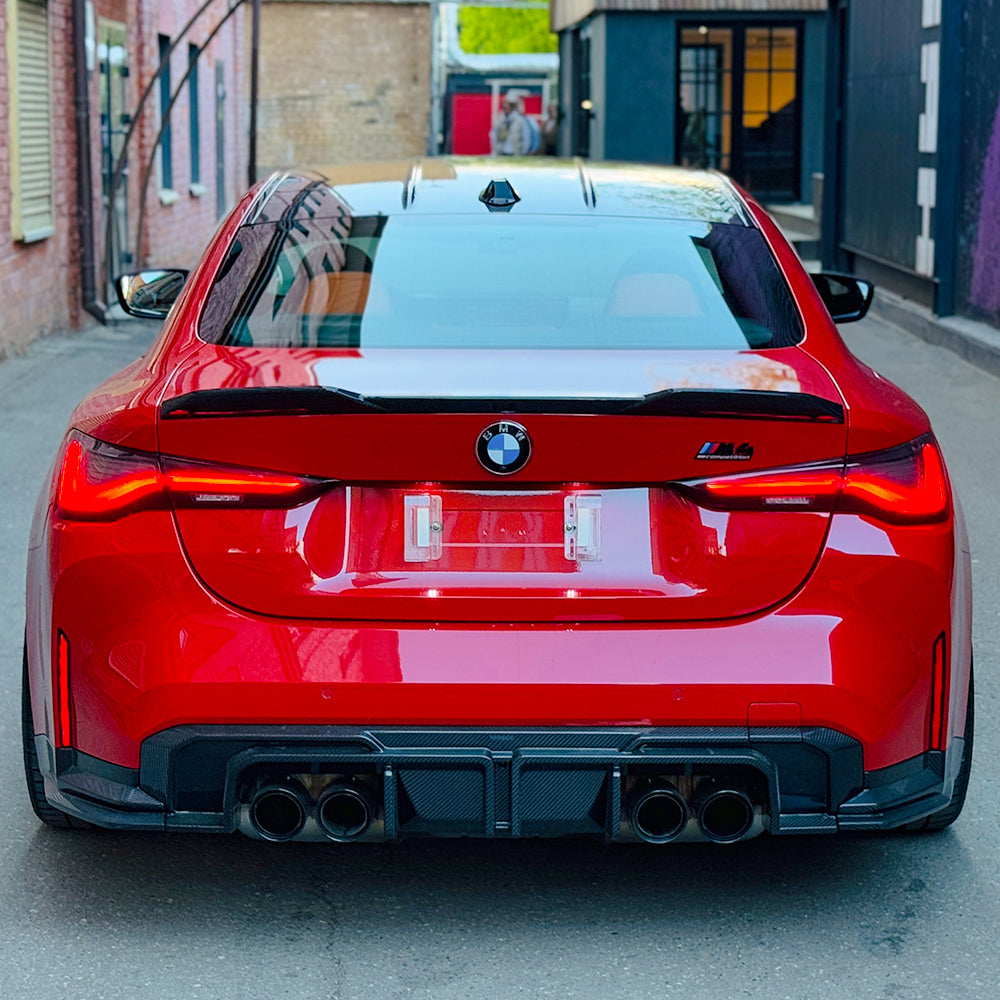 SOOQOO BMW M4 G82 carbon fibre rear diffuser - rear three-quarter view