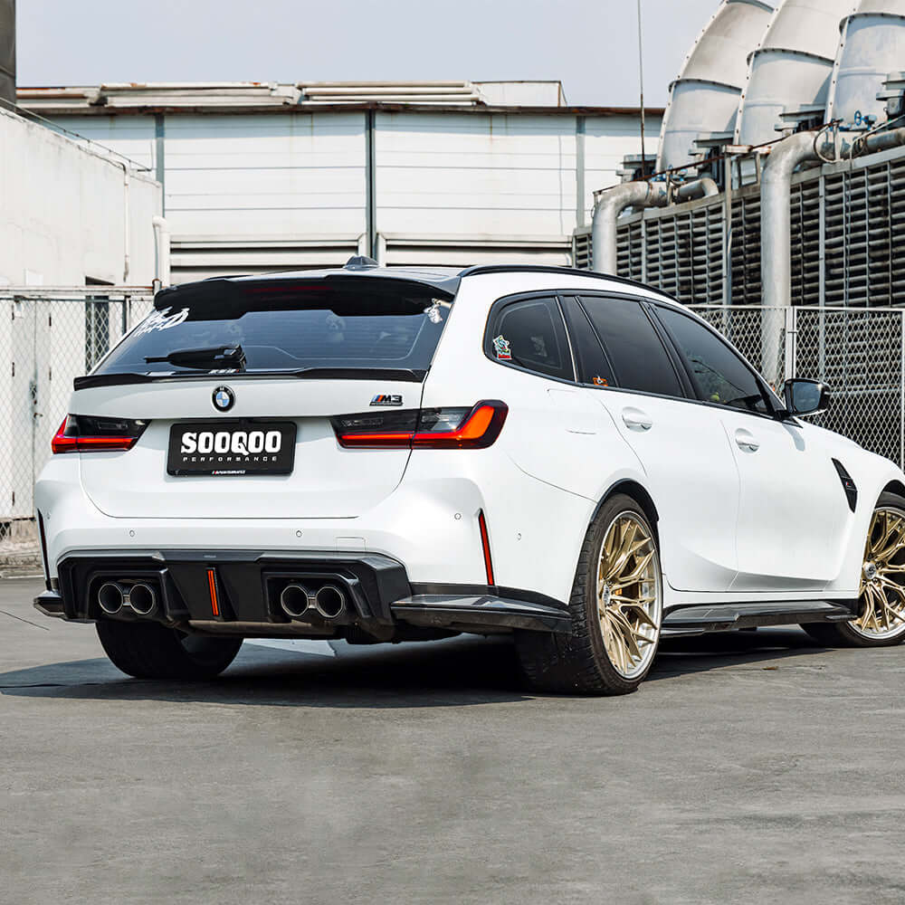 SOOQOO BMW M3 G80 carbon fibre rear diffuser - close-up of carbon fibre weave detail