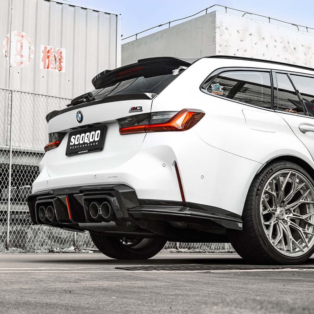 SOOQOO BMW M3 G80 carbon fibre rear diffuser - rear three-quarter view