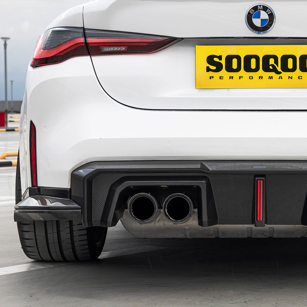 SOOQOO BMW M4 G82 carbon fibre rear diffuser - close-up of carbon fibre weave detail