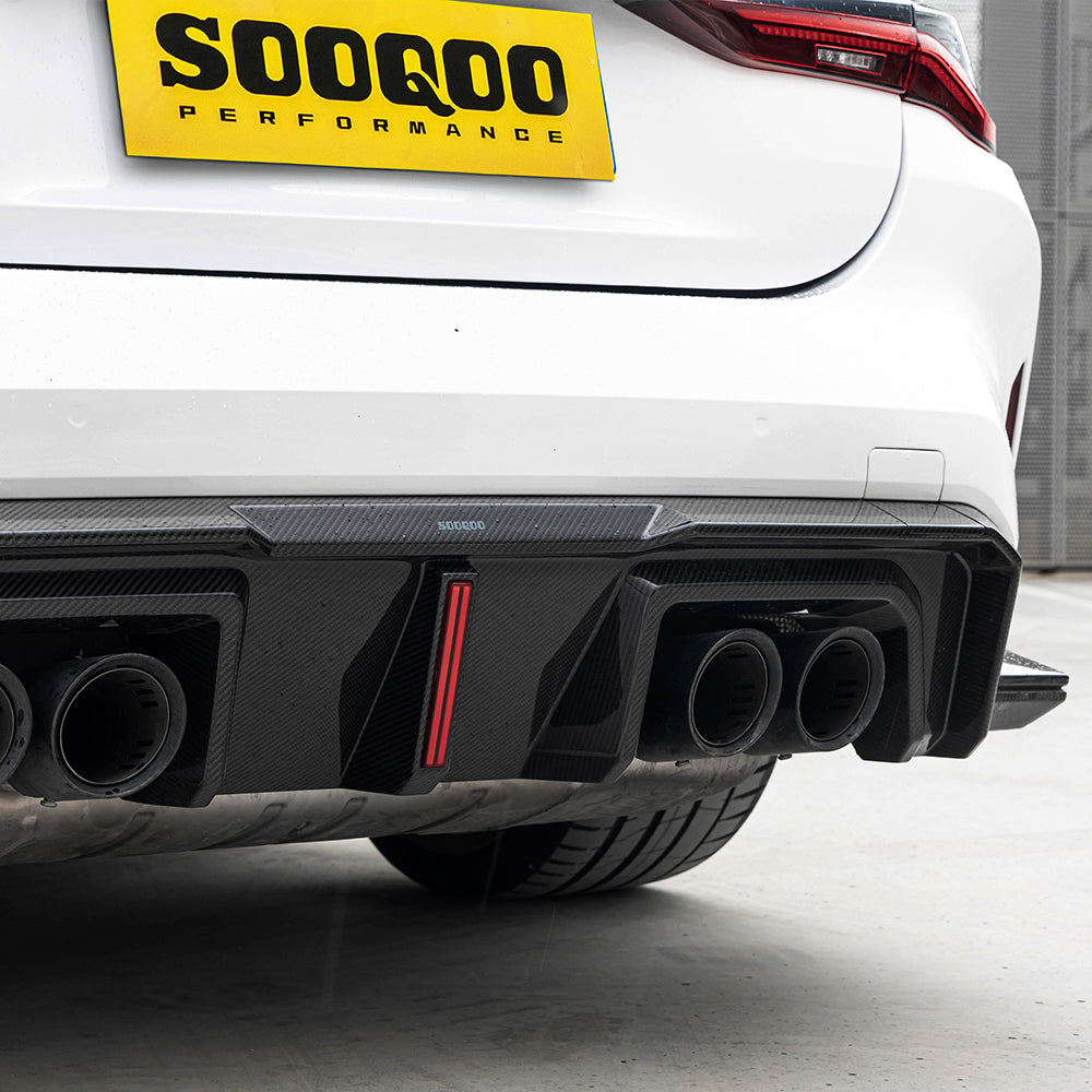 SOOQOO BMW M4 G82 carbon fibre rear diffuser - top-down view showing panel alignment