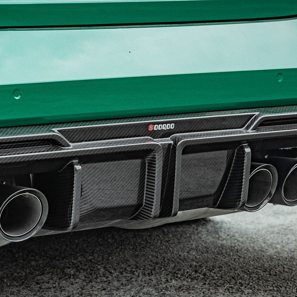 SOOQOO BMW M3 G80 carbon fibre rear diffuser - top-down view showing panel alignment