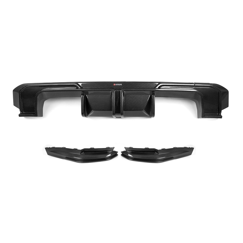 SOOQOO BMW M3 G80 carbon fibre rear diffuser - front three-quarter view