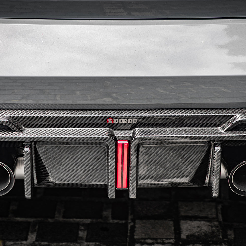 SOOQOO BMW M3 G80 carbon fibre rear diffuser - top-down view showing panel alignment