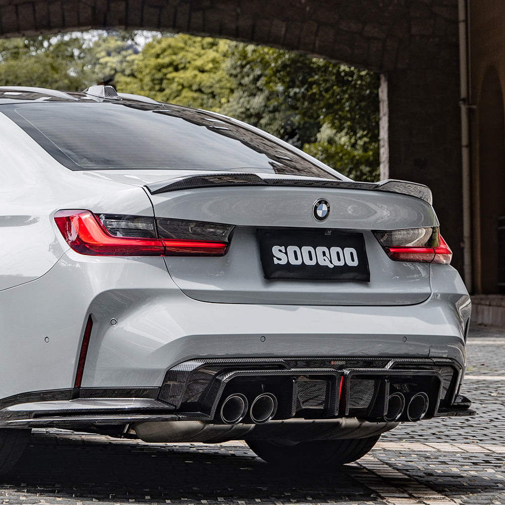 SOOQOO BMW M3 G80 carbon fibre rear diffuser - rear three-quarter view