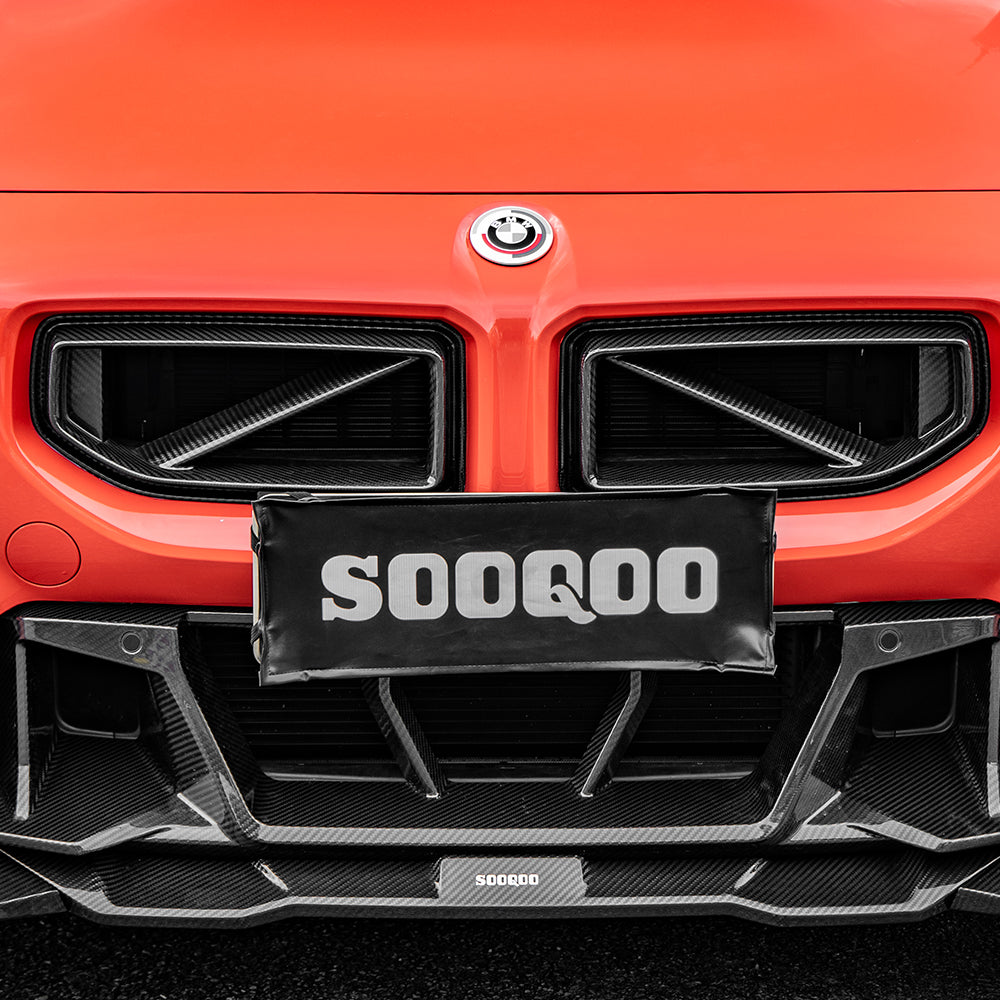 SOOQOO BMW M2 G87 carbon fibre grille - top-down view showing panel alignment