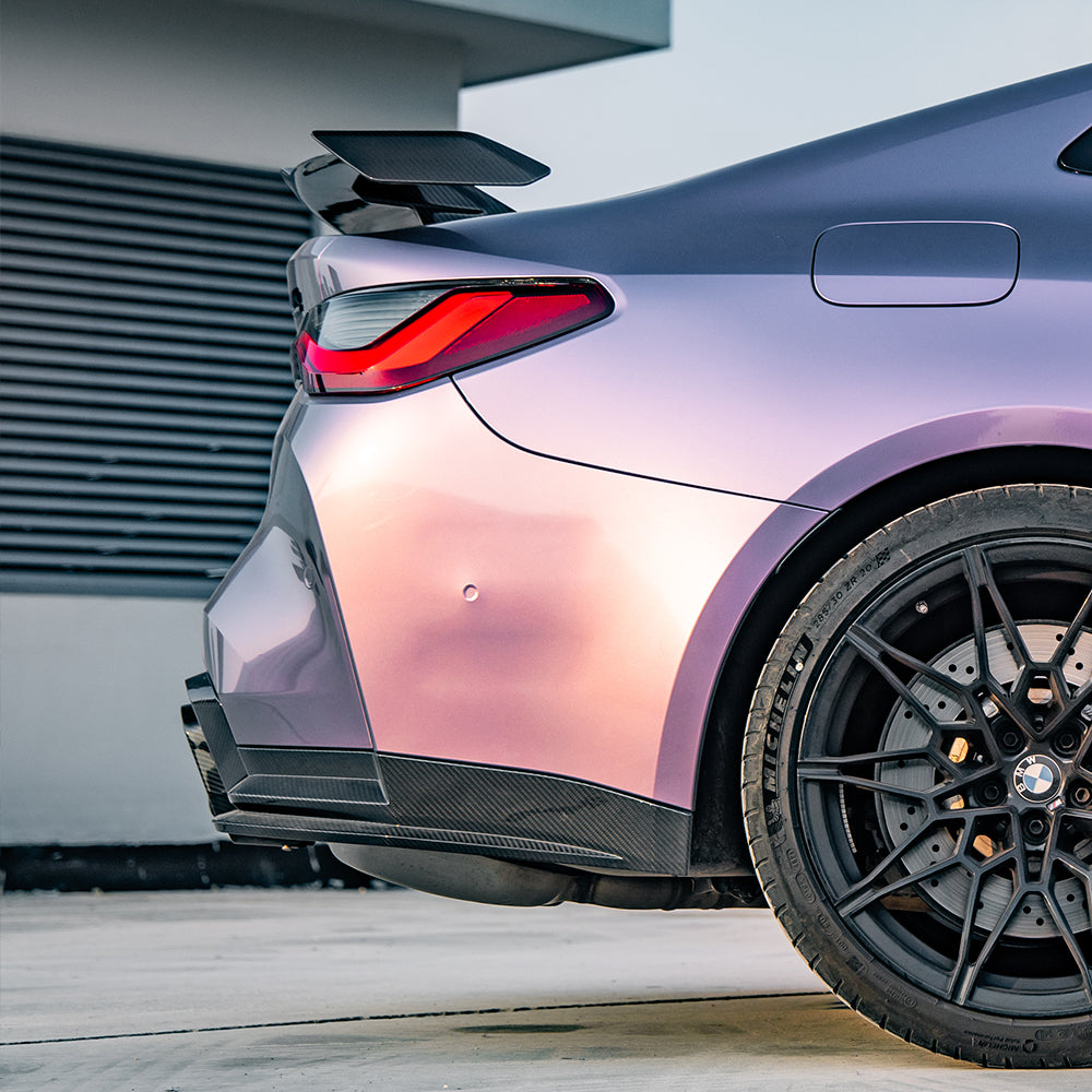 SOOQOO BMW M4 G82 carbon fibre rear diffuser - rear three-quarter view