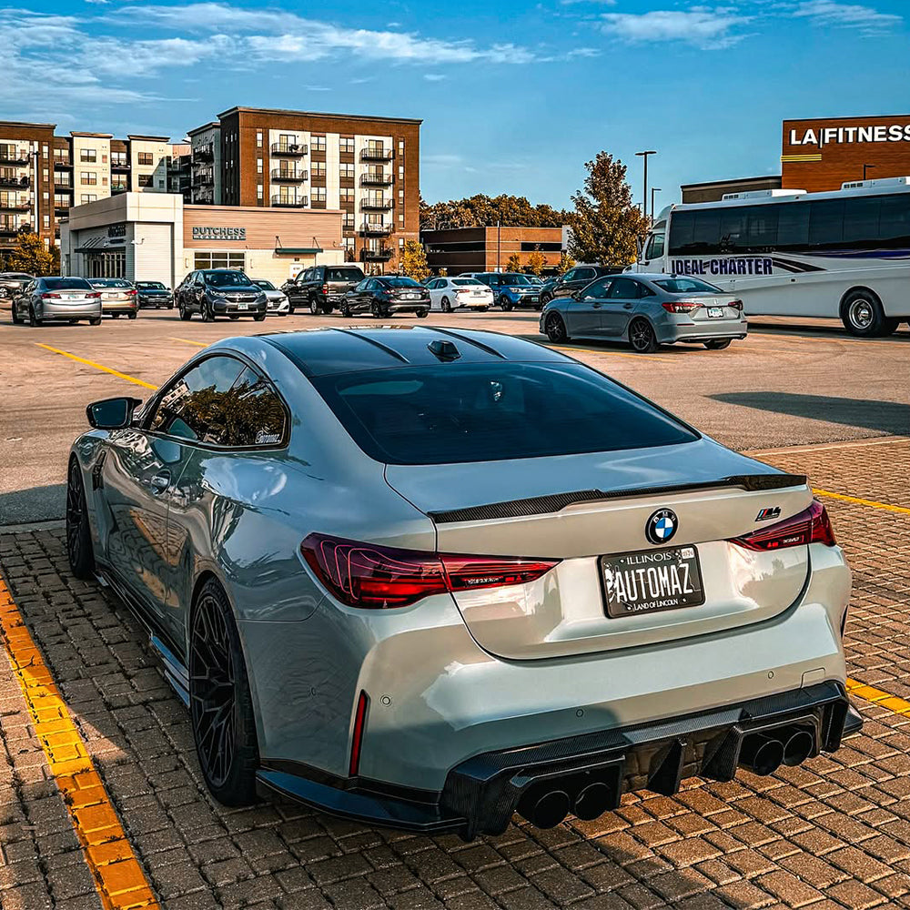 SOOQOO BMW M4 G82 carbon fibre rear diffuser - top-down view showing panel alignment