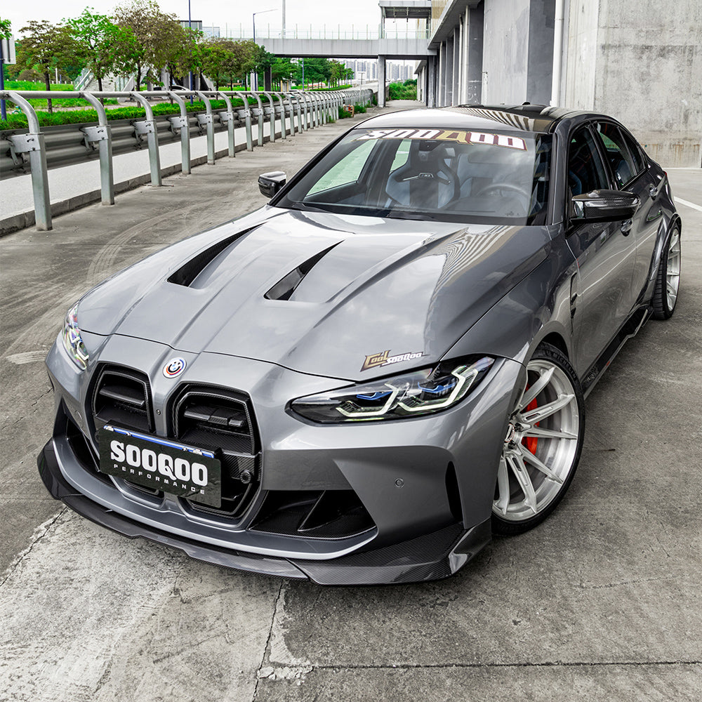 SOOQOO BMW M3  carbon fibre front splitter - top-down view showing panel alignment