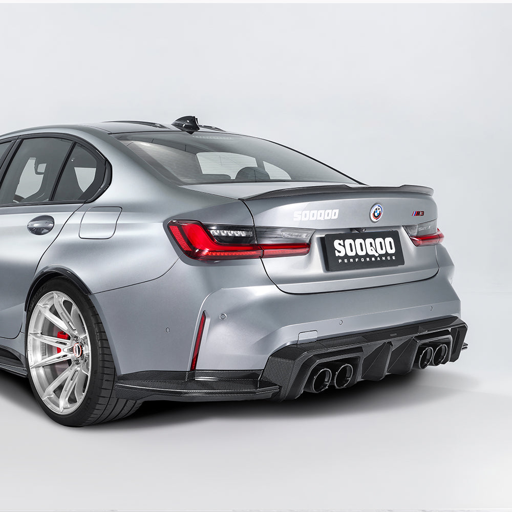 SOOQOO BMW M3 G80 carbon fibre rear diffuser - close-up of carbon fibre weave detail