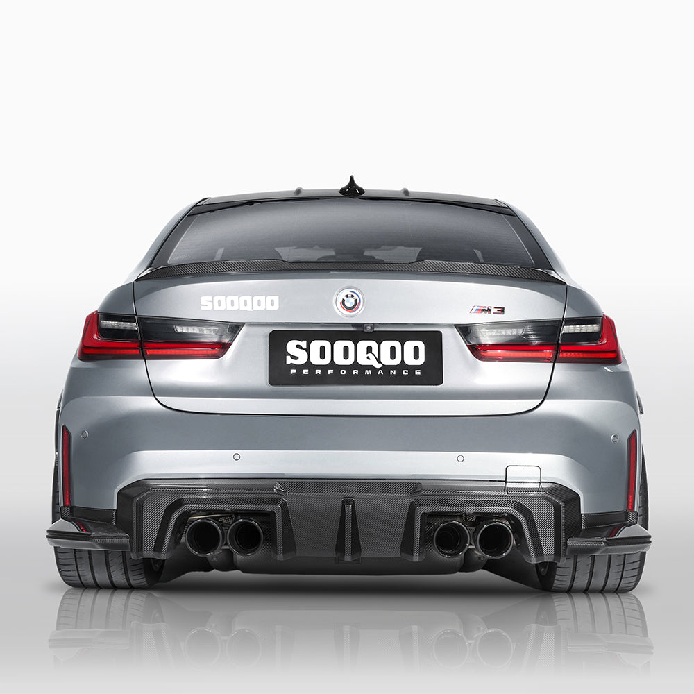 SOOQOO BMW M3 G80 carbon fibre rear diffuser - rear three-quarter view