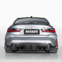 SOOQOO BMW M3 G80 carbon fibre rear diffuser - rear three-quarter view
