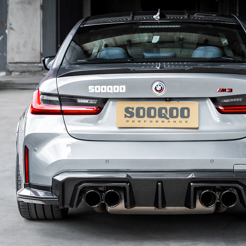 SOOQOO BMW M3 G80 carbon fibre rear diffuser - rear three-quarter view