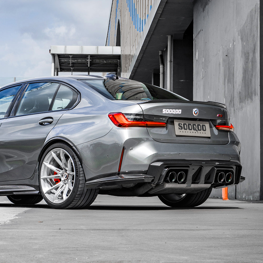 SOOQOO BMW M3 G80 carbon fibre rear diffuser - full vehicle shot with part installed