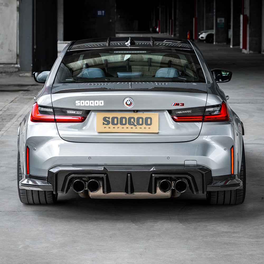 SOOQOO BMW M3 G80 carbon fibre rear diffuser - top-down view showing panel alignment