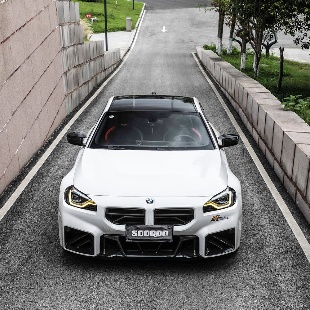 SOOQOO BMW M2 G87 carbon fibre grille - top-down view showing panel alignment