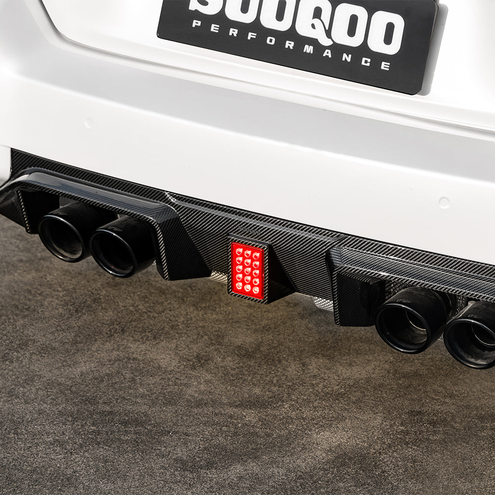 SOOQOO BMW M2 G87 carbon fibre rear diffuser - top-down view showing panel alignment