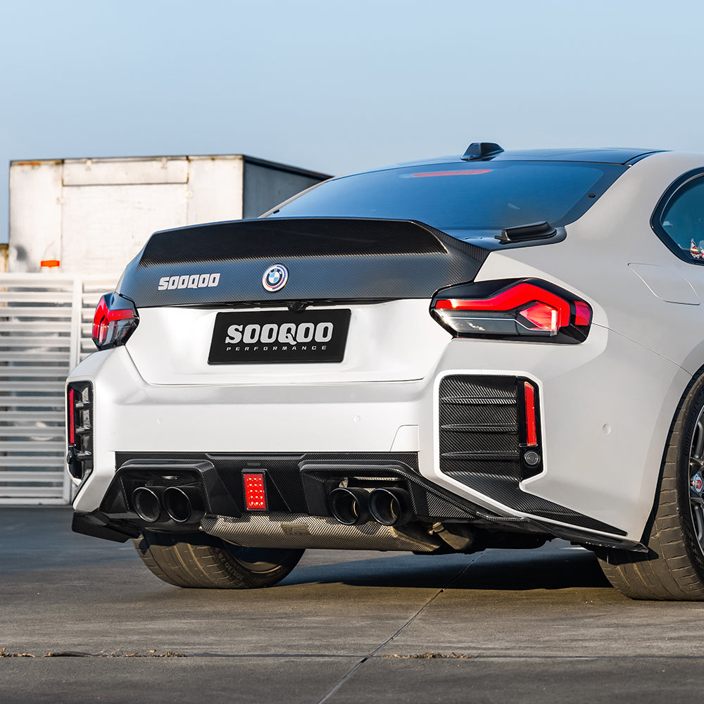 SOOQOO BMW M2 G87 carbon fibre rear diffuser - full vehicle shot with part installed