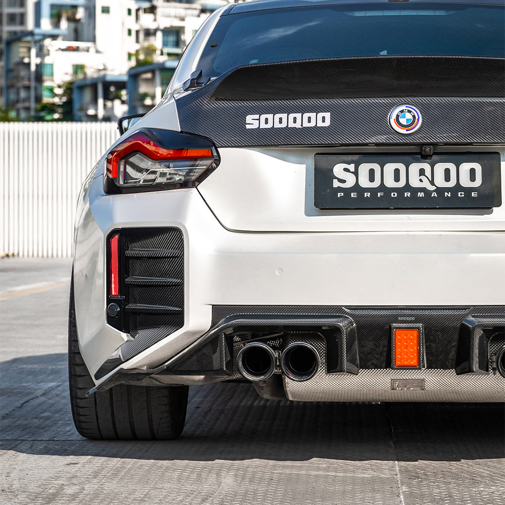 SOOQOO BMW M2 G87 carbon fibre rear diffuser - rear three-quarter view