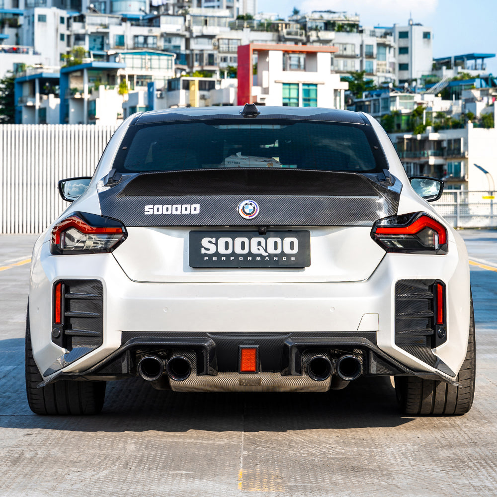 SOOQOO BMW M2 G87 carbon fibre rear diffuser - installation fitment view