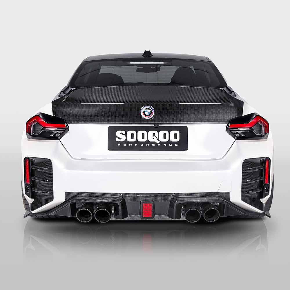 SOOQOO BMW M2 G87 carbon fibre rear diffuser - rear three-quarter view