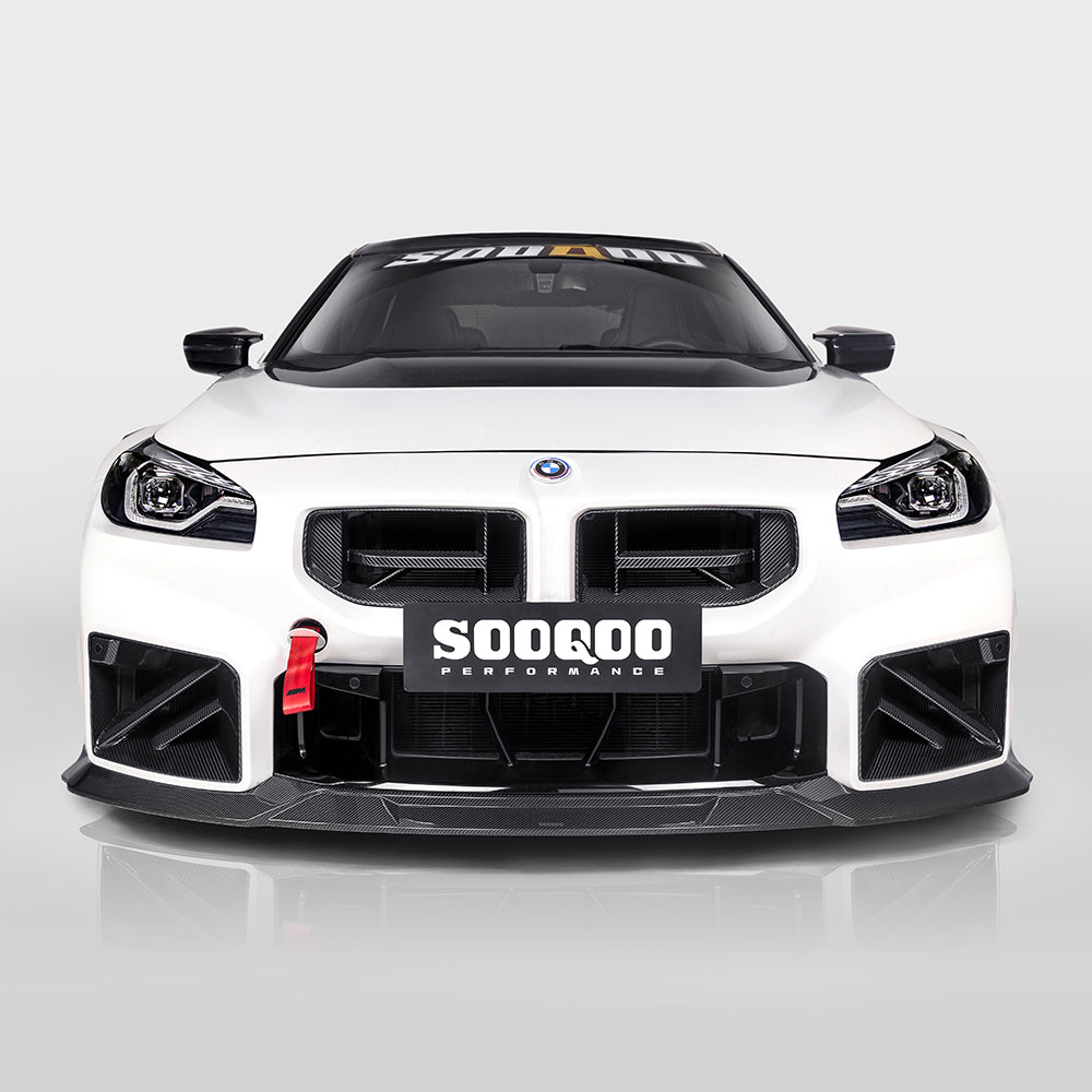 SOOQOO BMW M2 G87 carbon fibre front splitter - rear three-quarter view