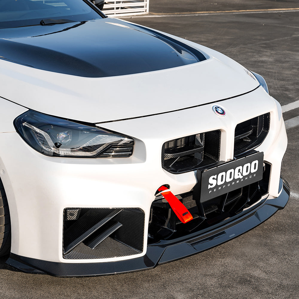 SOOQOO BMW M2 G87 carbon fibre front splitter - rear three-quarter view