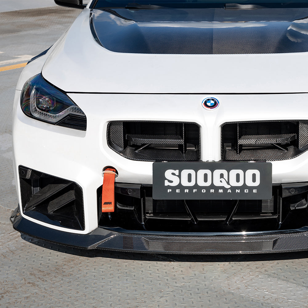 SOOQOO BMW M2 G87 carbon fibre front splitter - full vehicle shot with part installed