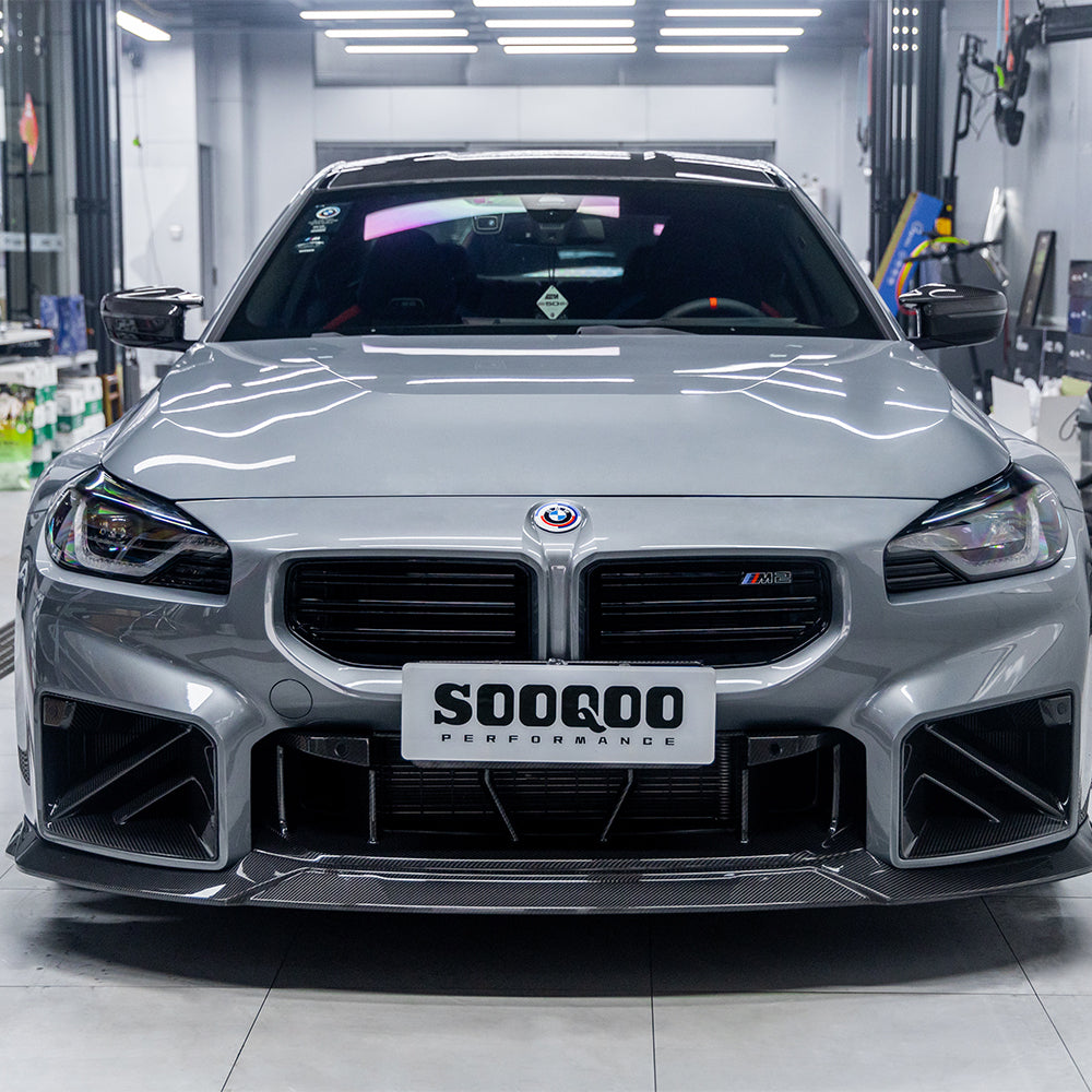 SOOQOO BMW M2 G87 carbon fibre front splitter - close-up of carbon fibre weave detail