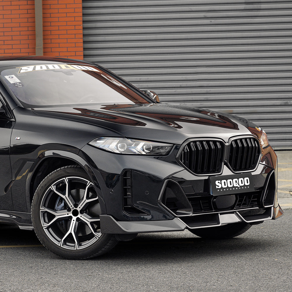 SOOQOO BMW X6 G06 carbon fibre front splitter - top-down view showing panel alignment