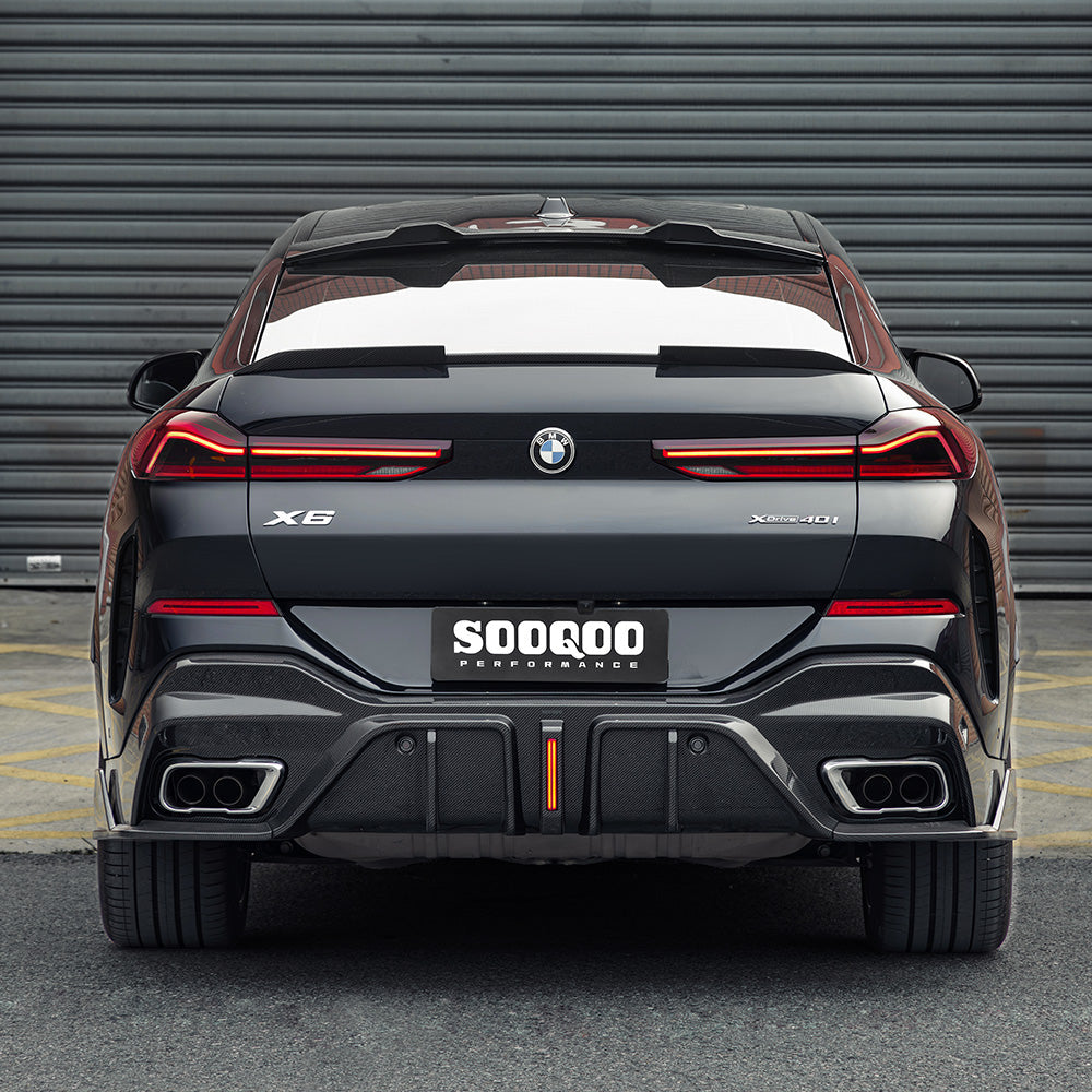 SOOQOO BMW X6 G06 carbon fibre rear diffuser - top-down view showing panel alignment