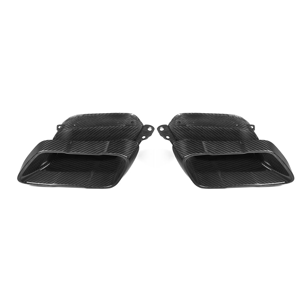 SOOQOO BMW X5 G05 carbon fibre exhaust tips - front three-quarter view