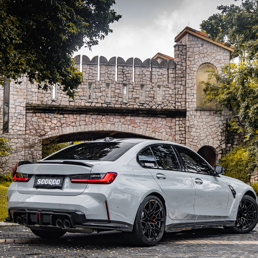 SOOQOO BMW M3 G80 carbon fibre side skirt - rear three-quarter view