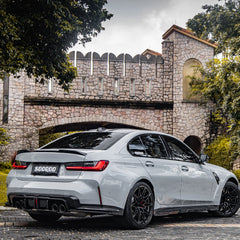 SOOQOO BMW M3 G80 carbon fibre side skirt - rear three-quarter view