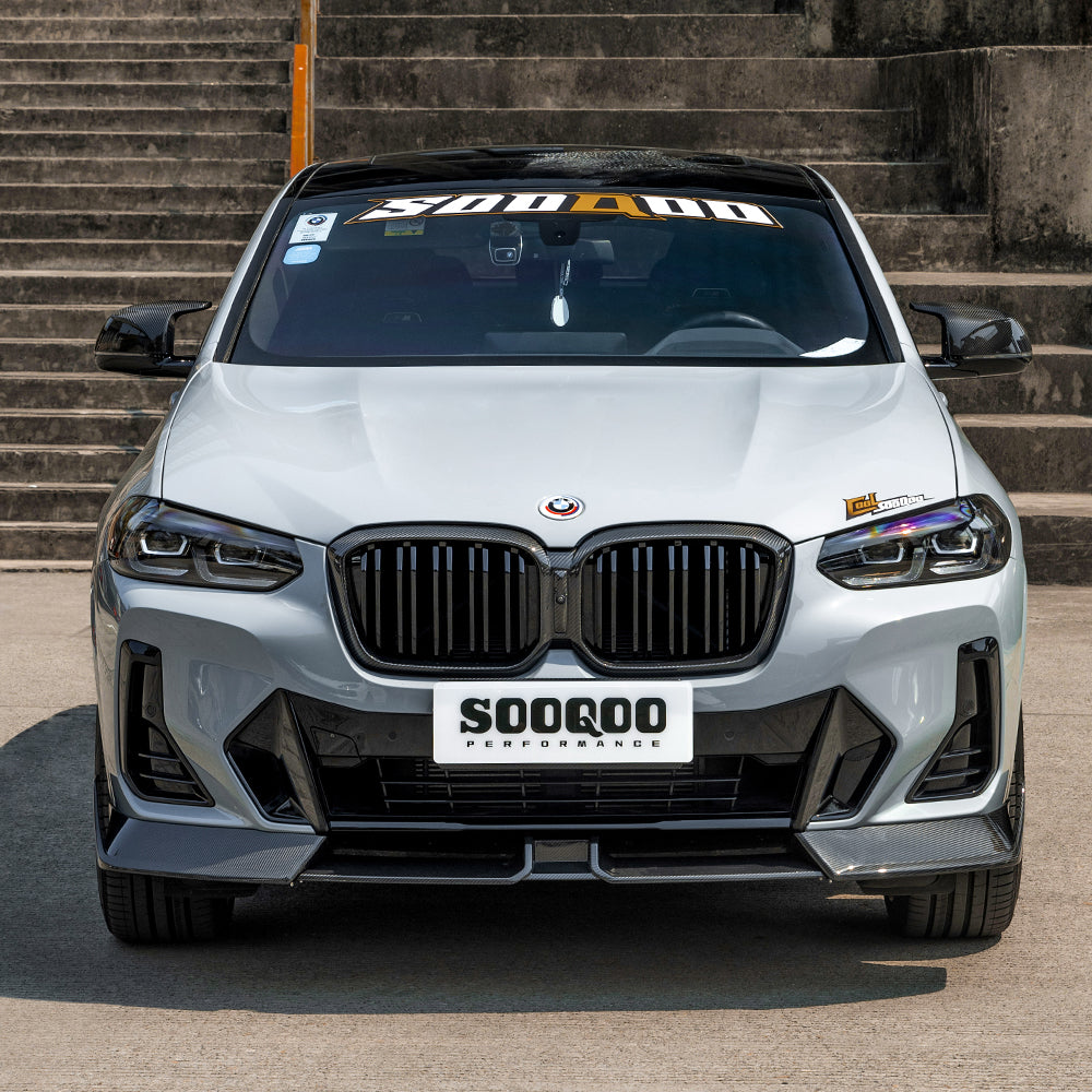 SOOQOO BMW X3 G01 carbon fibre front splitter - rear three-quarter view