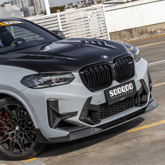 SOOQOO BMW X3M F97 carbon fibre front splitter - rear three-quarter view