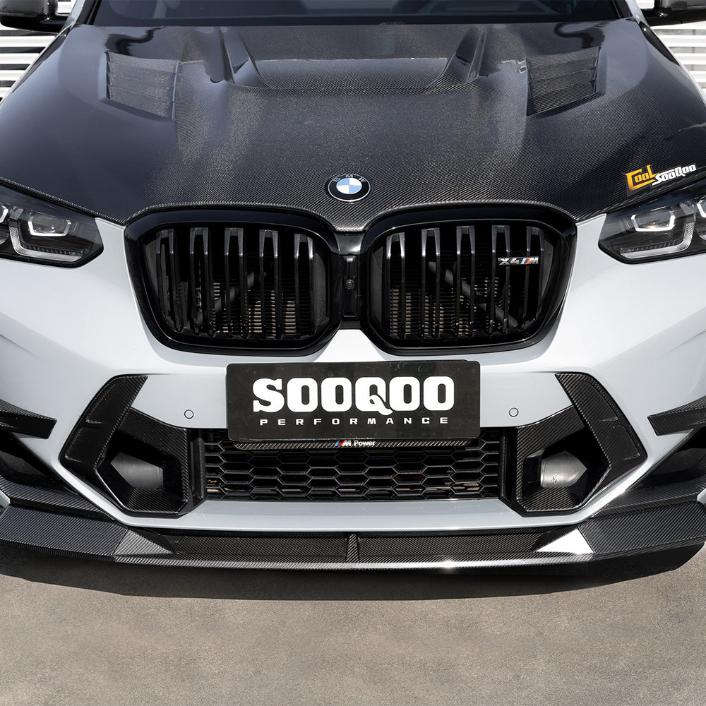 SOOQOO BMW X3M F97 carbon fibre front splitter - top-down view showing panel alignment