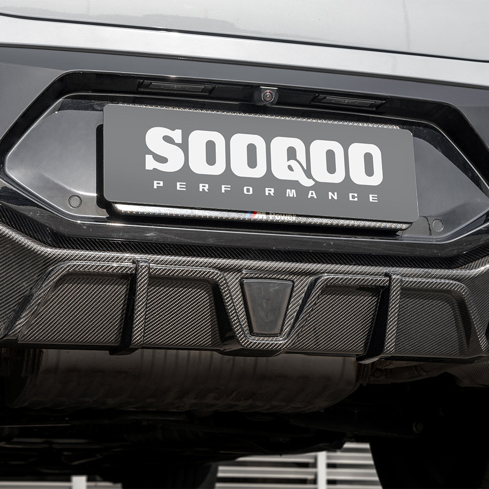 SOOQOO BMW X4M F98 carbon fibre rear diffuser - top-down view showing panel alignment