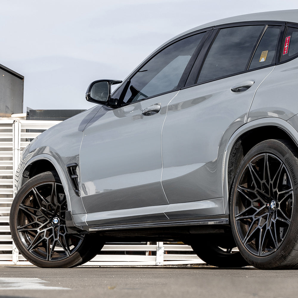 SOOQOO BMW X3M F97 carbon fibre side skirt - rear three-quarter view