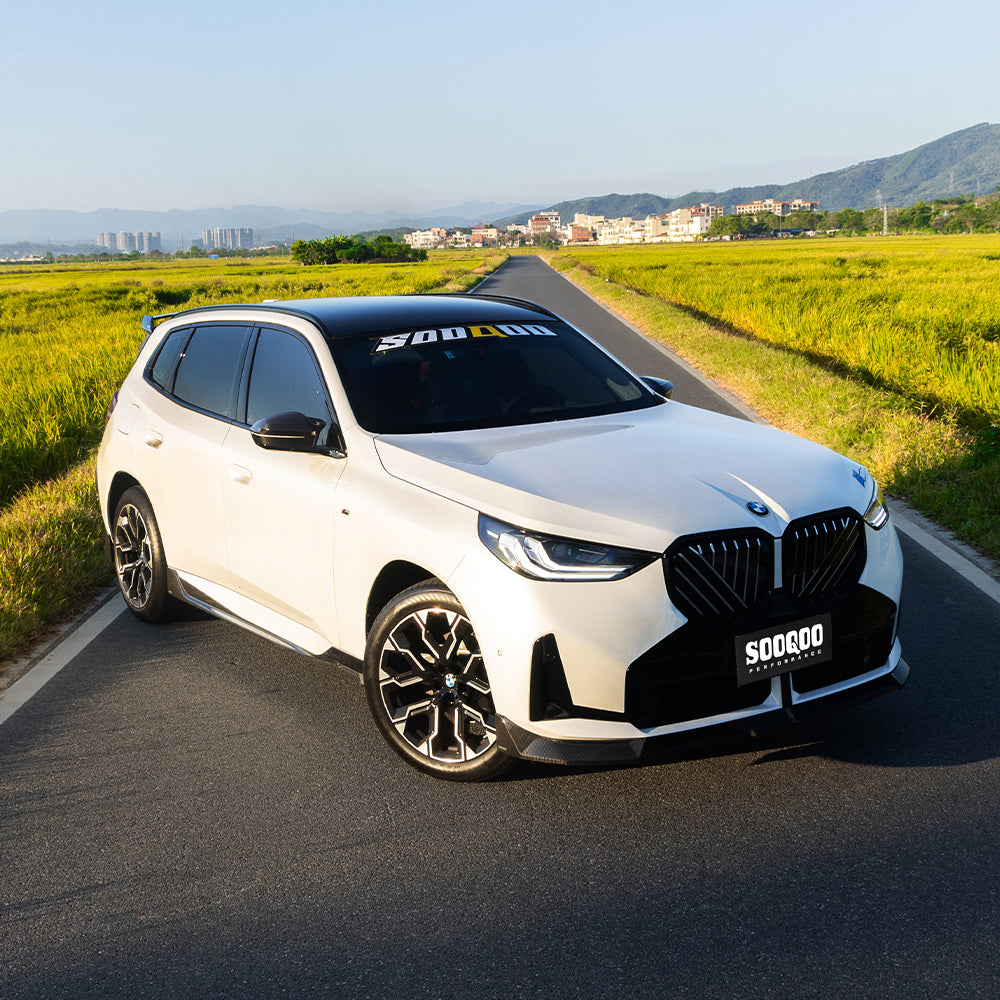 SOOQOO BMW X3 G45 carbon fibre front splitter - rear three-quarter view