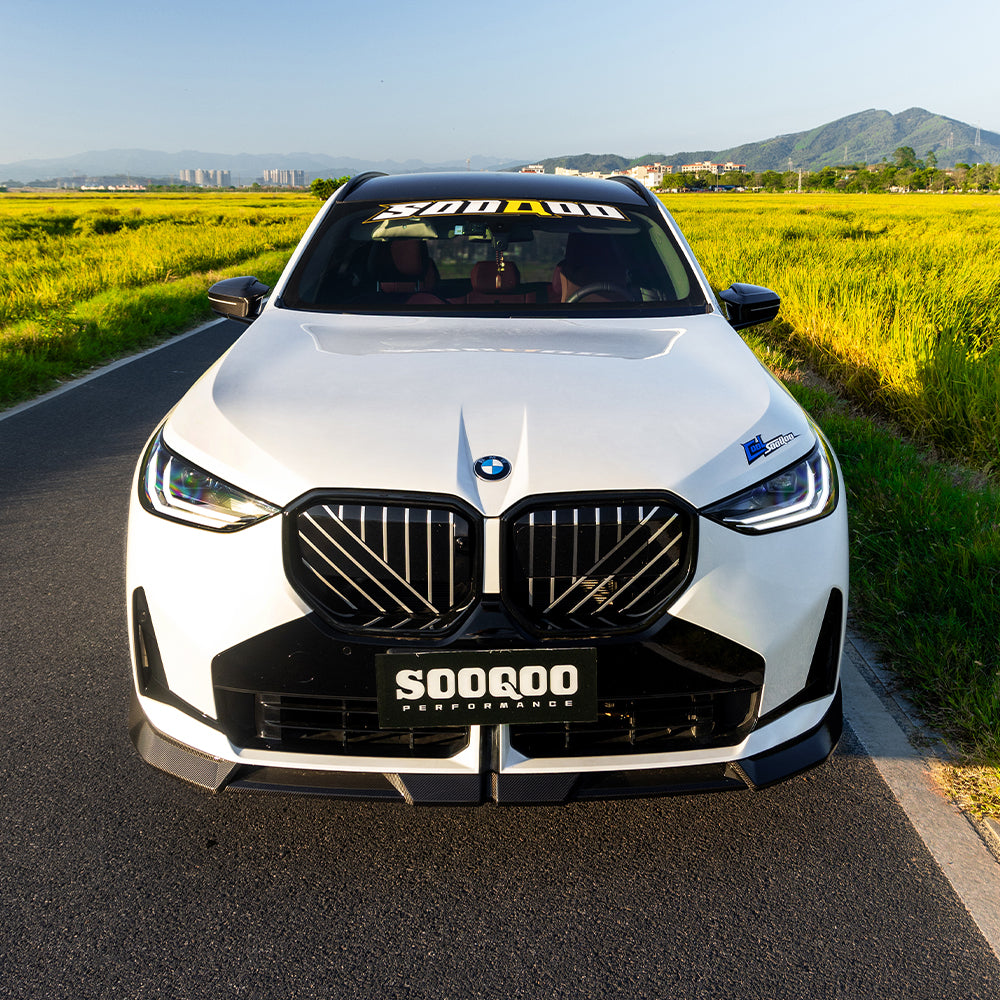 SOOQOO BMW X3 G45 carbon fibre front splitter - rear three-quarter view
