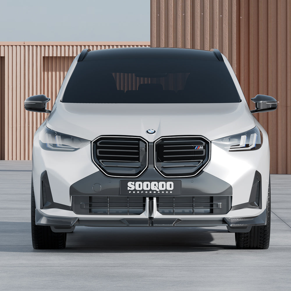 SOOQOO BMW X3 G45 carbon fibre front splitter - top-down view showing panel alignment
