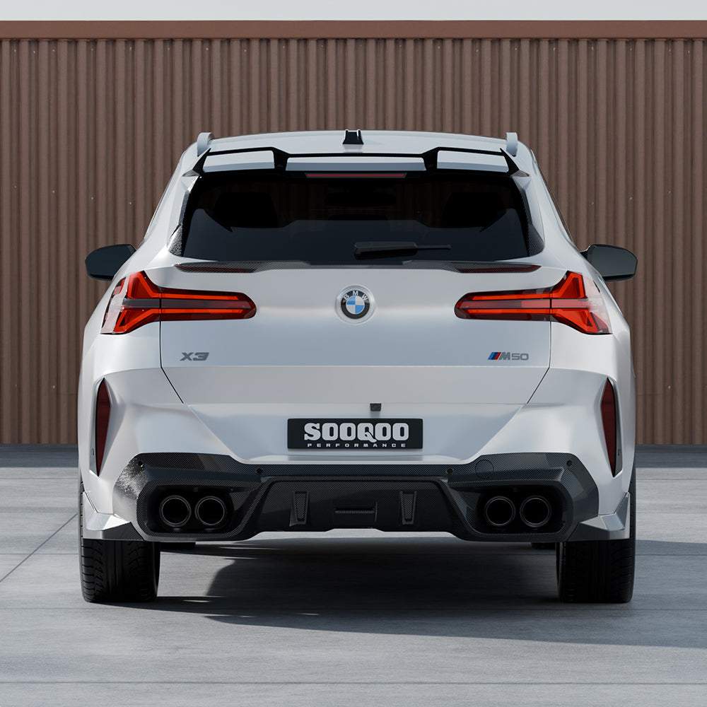 SOOQOO BMW X3 G45 carbon fibre rear diffuser - top-down view showing panel alignment
