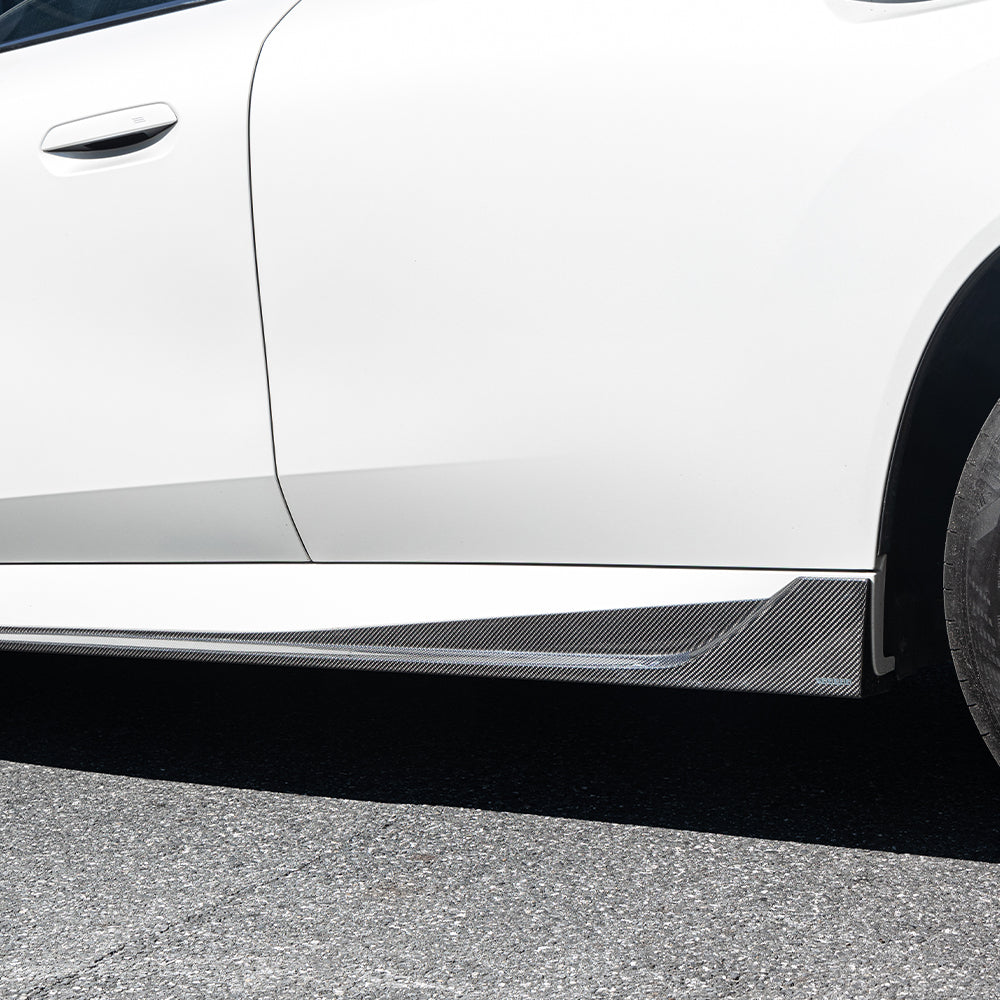 SOOQOO BMW X3 G45 carbon fibre side skirt - rear three-quarter view