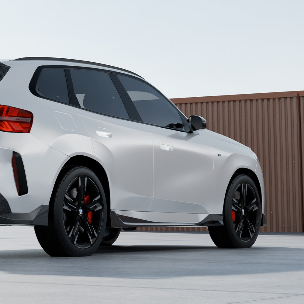 SOOQOO BMW X3 G45 carbon fibre side skirt - full vehicle shot with part installed